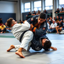 Two athletes engaged in a Brazilian Jiu-Jitsu grappling match, showcasing dynamic movements and techniques on the mat