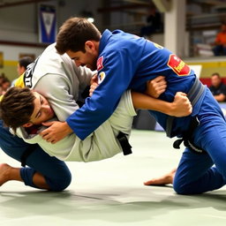 Two athletes engaged in a Brazilian Jiu-Jitsu grappling match, showcasing dynamic movements and techniques on the mat
