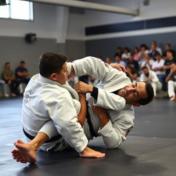 Two athletes engaged in a Brazilian Jiu-Jitsu grappling match, showcasing dynamic movements and techniques on the mat