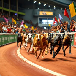 A thrilling greyhound race taking place at a vibrant racetrack, filled with excitement and energy