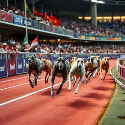 A thrilling greyhound race taking place at a vibrant racetrack, filled with excitement and energy