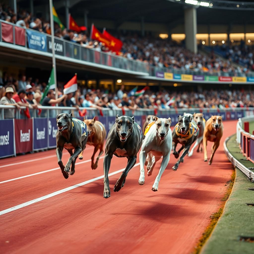 A thrilling greyhound race taking place at a vibrant racetrack, filled with excitement and energy