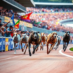 A thrilling greyhound race taking place at a vibrant racetrack, filled with excitement and energy