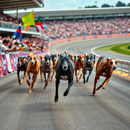 A thrilling greyhound race taking place at a vibrant racetrack, filled with excitement and energy