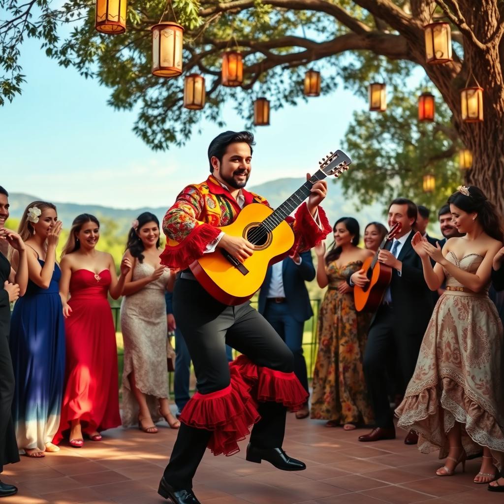 A vibrant gypsy wedding celebration set against a beautiful outdoor backdrop