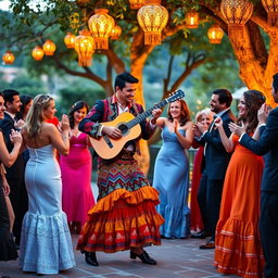 A vibrant gypsy wedding celebration set against a beautiful outdoor backdrop