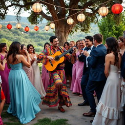 A vibrant gypsy wedding celebration set against a beautiful outdoor backdrop