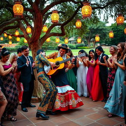 A vibrant gypsy wedding celebration set against a beautiful outdoor backdrop