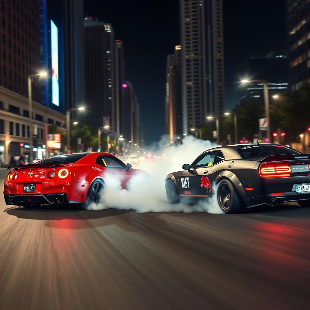 Two cars drifting on an urban street in the city, tires skidding, smoke billowing from the rear tires, dynamic angles showcasing the action