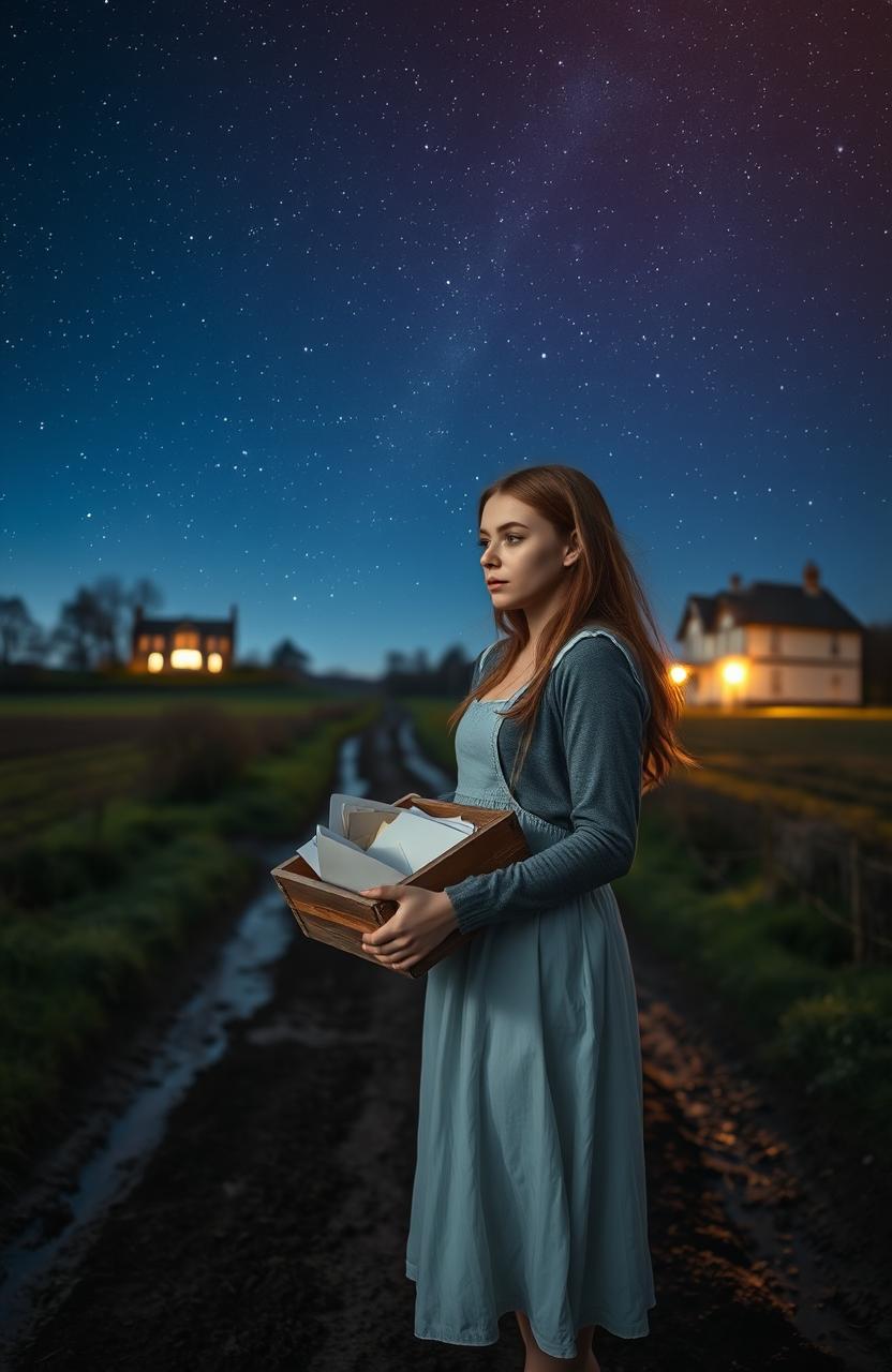 A young woman standing on a muddy path under a beautiful starry night
