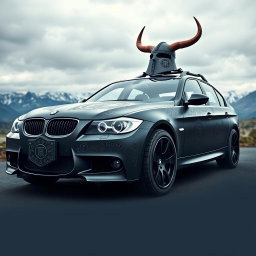 A BMW E90 car modified in a Viking style, showcasing intricate Norse mythology elements