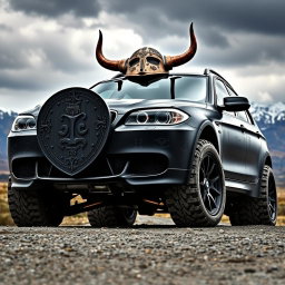 A BMW E90 car modified in a Viking style, showcasing intricate Norse mythology elements