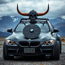 A BMW E90 car modified in a Viking style, showcasing intricate Norse mythology elements