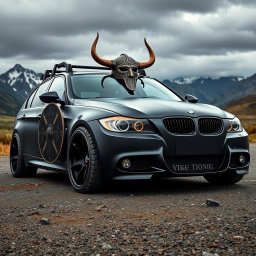 A BMW E90 car modified in a Viking style, showcasing intricate Norse mythology elements