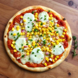 A delicious pizza topped with sweet corn and finely chopped onions, melted mozzarella cheese oozing on top, showcasing a mildly sweet and crunchy texture