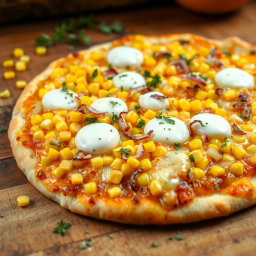 A delicious pizza topped with sweet corn and finely chopped onions, melted mozzarella cheese oozing on top, showcasing a mildly sweet and crunchy texture