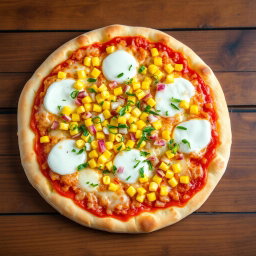 A delicious pizza topped with sweet corn and finely chopped onions, melted mozzarella cheese oozing on top, showcasing a mildly sweet and crunchy texture