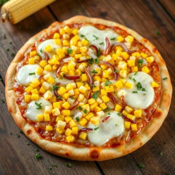 A delicious pizza topped with sweet corn and finely chopped onions, melted mozzarella cheese oozing on top, showcasing a mildly sweet and crunchy texture
