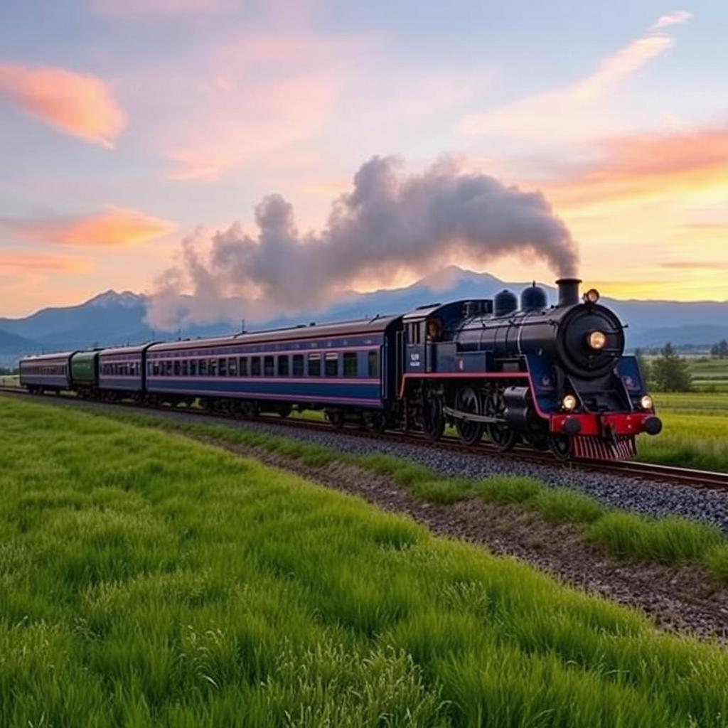 An express train named 'The Blue Horizon' speeds along the railroad, featuring a stunning blue passenger carriage complemented by a powerful 4-8-4 type steam engine