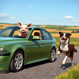 A whimsical scene featuring a BMW E90 belonging to a farmer, driving down a rural road