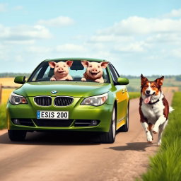 A whimsical scene featuring a BMW E90 belonging to a farmer, driving down a rural road