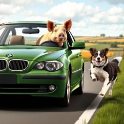 A whimsical scene featuring a BMW E90 belonging to a farmer, driving down a rural road
