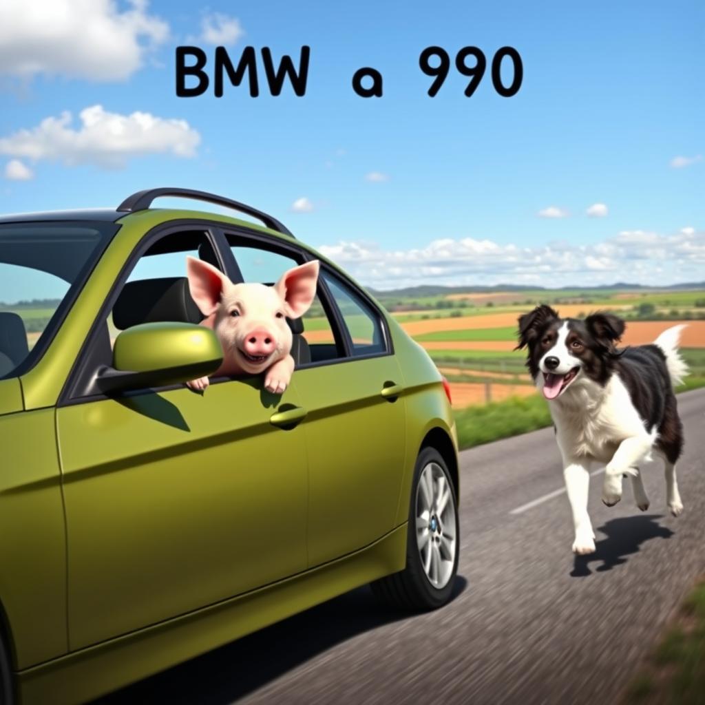 A whimsical scene featuring a BMW E90 belonging to a farmer, driving down a rural road