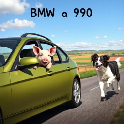 A whimsical scene featuring a BMW E90 belonging to a farmer, driving down a rural road