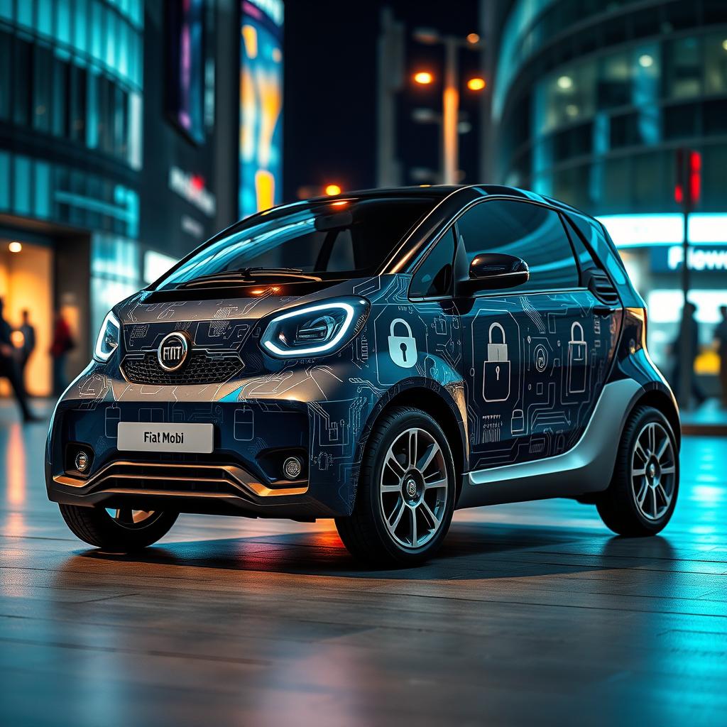 A Fiat Mobi car designed with aesthetics inspired by electronic security themes