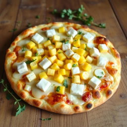 A mouthwatering pizza topped with sweet corn and cubes of paneer, beautifully blended with melted mozzarella cheese, creating a delightful and cheesy treat