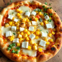 A mouthwatering pizza topped with sweet corn and cubes of paneer, beautifully blended with melted mozzarella cheese, creating a delightful and cheesy treat
