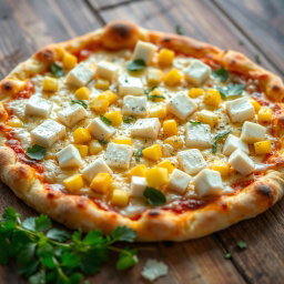A mouthwatering pizza topped with sweet corn and cubes of paneer, beautifully blended with melted mozzarella cheese, creating a delightful and cheesy treat