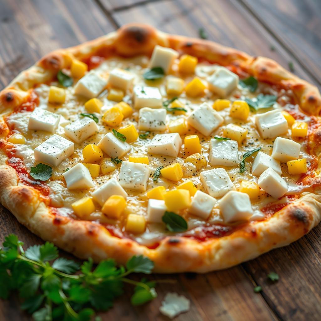 A mouthwatering pizza topped with sweet corn and cubes of paneer, beautifully blended with melted mozzarella cheese, creating a delightful and cheesy treat