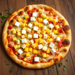 A mouthwatering pizza topped with sweet corn and cubes of paneer, beautifully blended with melted mozzarella cheese, creating a delightful and cheesy treat