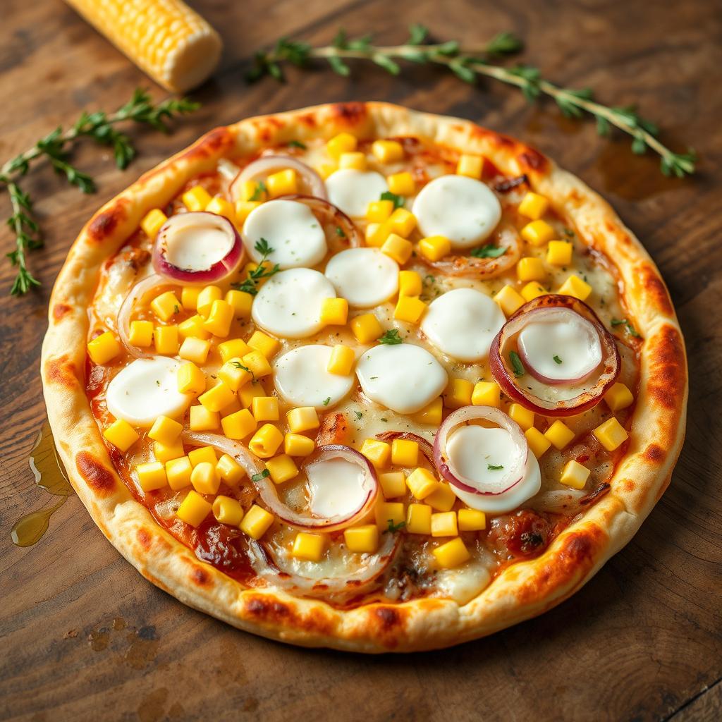 A vibrant pizza topped with sweet corn and onions, harmoniously combined with a generous layer of melted mozzarella cheese, creating a mildly sweet and crunchy flavor profile