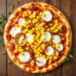 A vibrant pizza topped with sweet corn and onions, harmoniously combined with a generous layer of melted mozzarella cheese, creating a mildly sweet and crunchy flavor profile