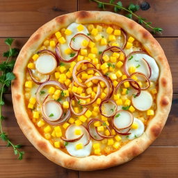 A vibrant pizza topped with sweet corn and onions, harmoniously combined with a generous layer of melted mozzarella cheese, creating a mildly sweet and crunchy flavor profile
