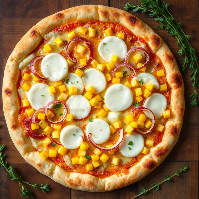 A vibrant pizza topped with sweet corn and onions, harmoniously combined with a generous layer of melted mozzarella cheese, creating a mildly sweet and crunchy flavor profile