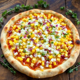 A delicious pizza topped generously with sweet corn and an abundant amount of finely chopped onions, all covered with melted mozzarella cheese that oozes invitingly