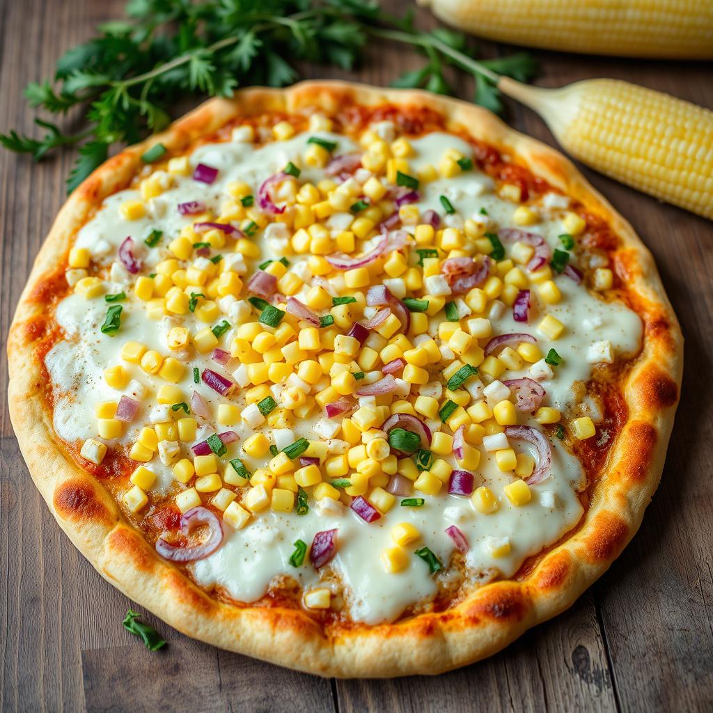 A delicious pizza topped generously with sweet corn and an abundant amount of finely chopped onions, all covered with melted mozzarella cheese that oozes invitingly