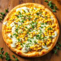 A delicious pizza topped generously with sweet corn and an abundant amount of finely chopped onions, all covered with melted mozzarella cheese that oozes invitingly
