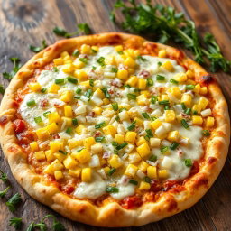 A delicious pizza topped generously with sweet corn and an abundant amount of finely chopped onions, all covered with melted mozzarella cheese that oozes invitingly