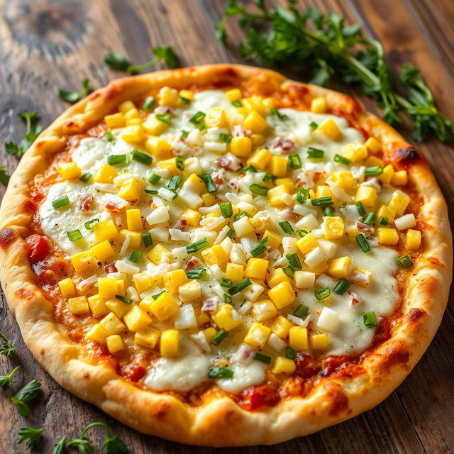 A delicious pizza topped generously with sweet corn and an abundant amount of finely chopped onions, all covered with melted mozzarella cheese that oozes invitingly