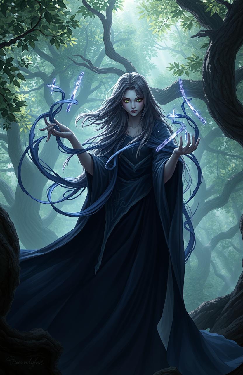 A mystical Weaver of Shadow, a fantasy character, standing in an enchanted forest