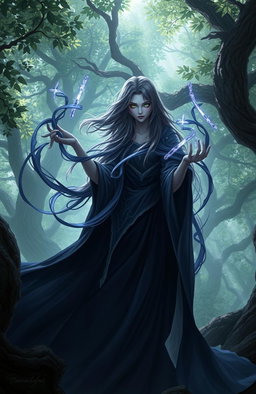 A mystical Weaver of Shadow, a fantasy character, standing in an enchanted forest