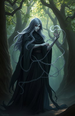 A mystical Weaver of Shadow, a fantasy character, standing in an enchanted forest