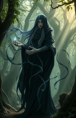 A mystical Weaver of Shadow, a fantasy character, standing in an enchanted forest