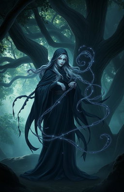 A mystical Weaver of Shadow, a fantasy character, standing in an enchanted forest