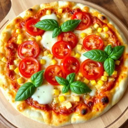 A delicious pizza featuring juicy ripe tomatoes and sweet corn, perfectly combined with a generous layer of melted mozzarella cheese