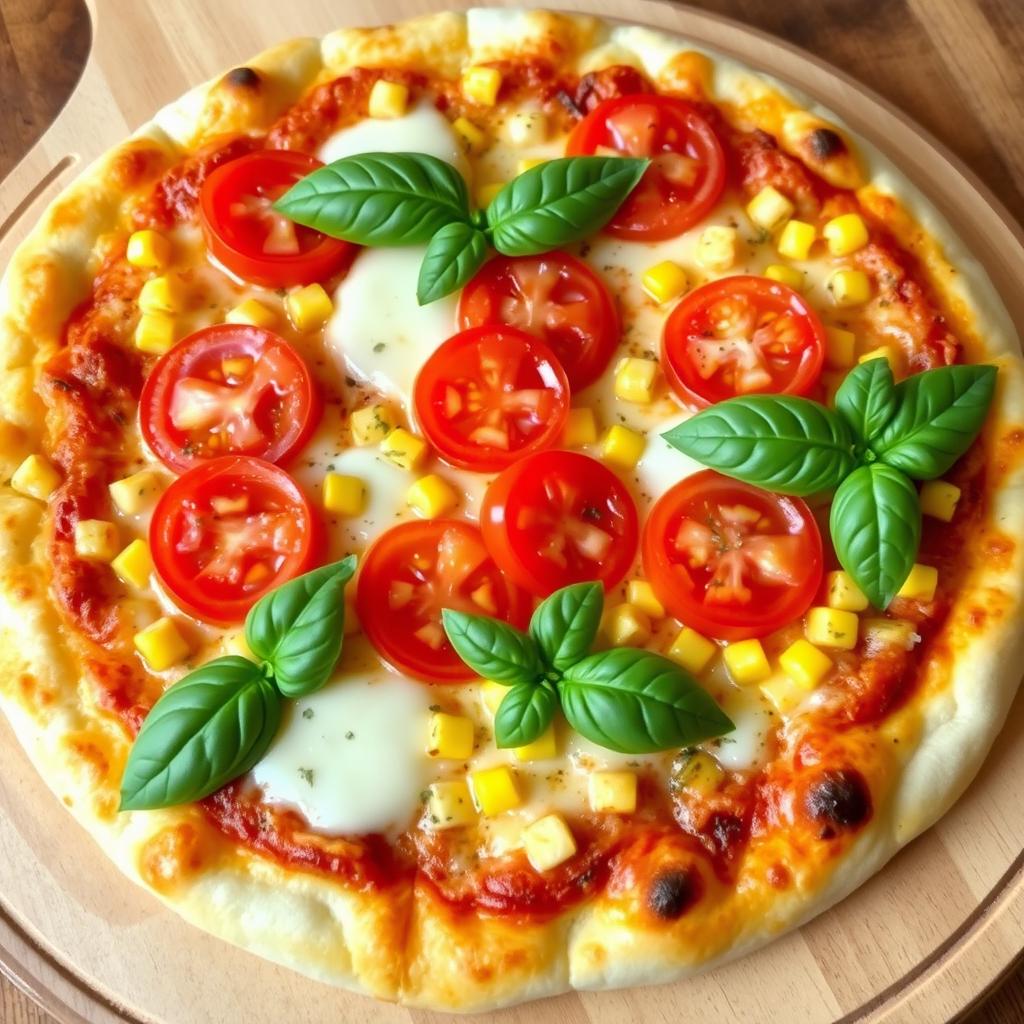A delicious pizza featuring juicy ripe tomatoes and sweet corn, perfectly combined with a generous layer of melted mozzarella cheese